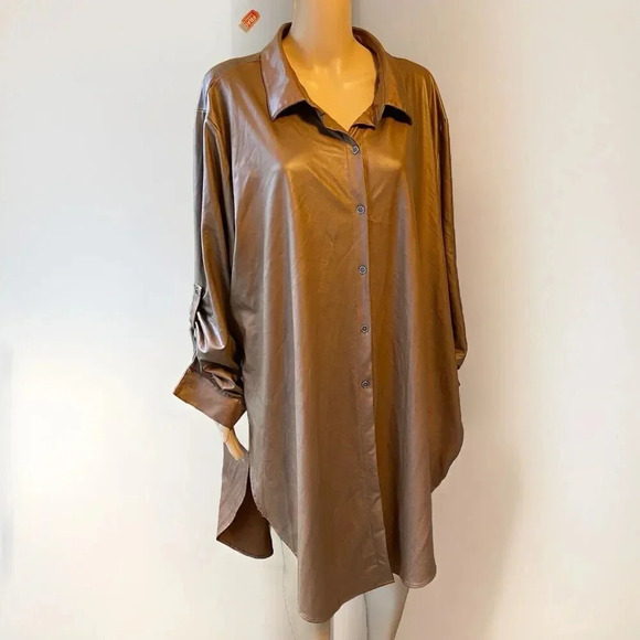 NewLook Womens 3X Midi Shirt Dress Button Up Side Split LookLike Suede Champagne - Picture 1 of 13